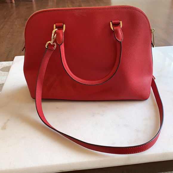 Michael Kors Leather Crossbody Handbag Purse - red and gold, Alma-like - Picture 2 of 4